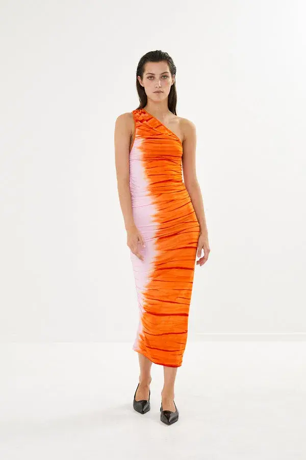 Rabens Saloner Lua Tidal One Shoulder Dress Orange Combo Size AU 8  - Image 1