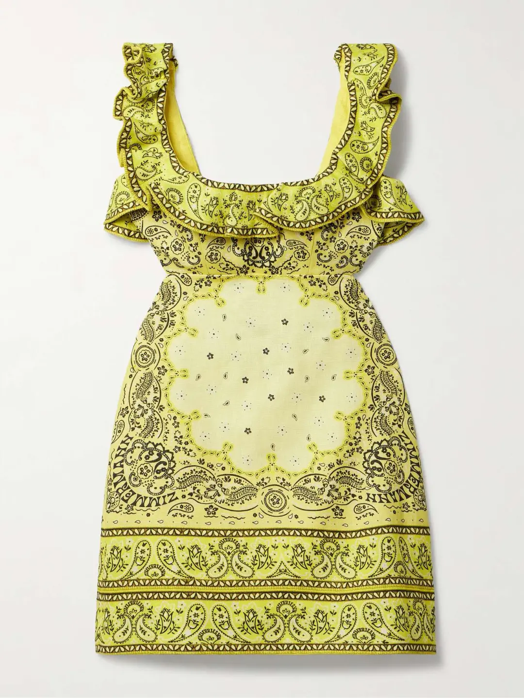 Zimmermann Matchmaker Cutout Ruffled Printed Linen Mini Dress Yellow Bandana Size 2 / AU 12 for rent on The Volte - main image