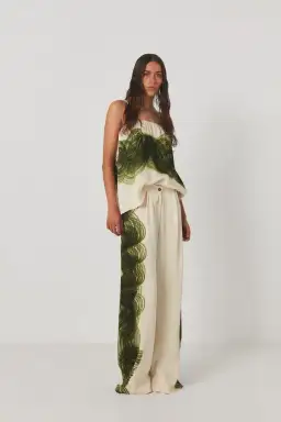 Rabens Saloner Briana Swirl Pleat Wide Pant Olive Chalk Combo Size AU 10