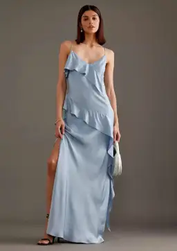 Anthropologie Asymmetric Ruffle Maxi Slip Dress Blue Size 10