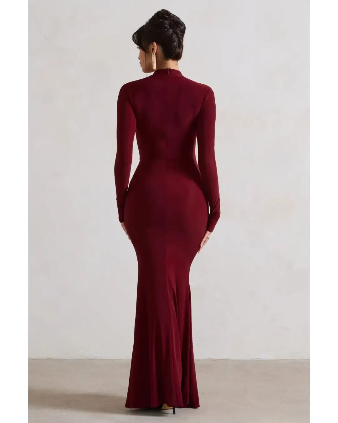 Club L London Pietra High-Neck Long Sleeve Knot Maxi Dress Berry Size AU 12 for rent on The Volte - main image