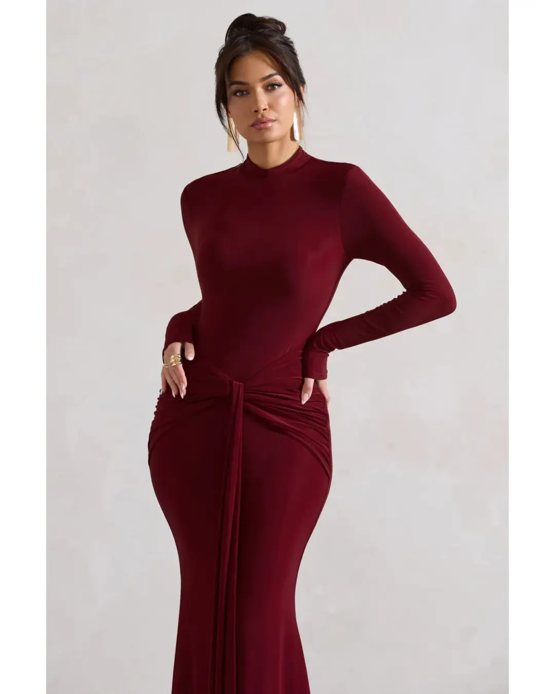 Club L London Pietra High-Neck Long Sleeve Knot Maxi Dress Berry Size AU 12 for rent on The Volte - main image