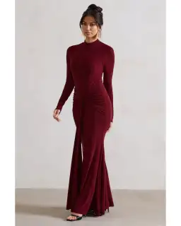 Club L London Pietra High-Neck Long Sleeve Knot Maxi Dress Berry Size AU 12 for rent on The Volte - image 2