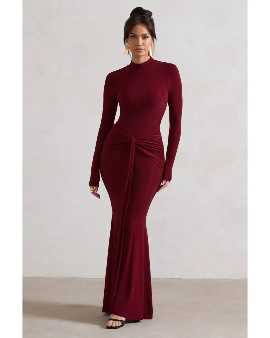 Club L London Pietra High-Neck Long Sleeve Knot Maxi Dress Berry Size AU 12 for rent on The Volte - main image