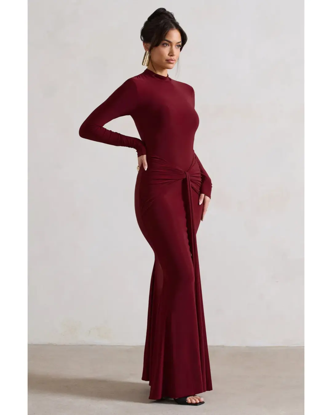 Club L London Pietra High-Neck Long Sleeve Knot Maxi Dress Berry Size AU 12 for rent on The Volte - main image