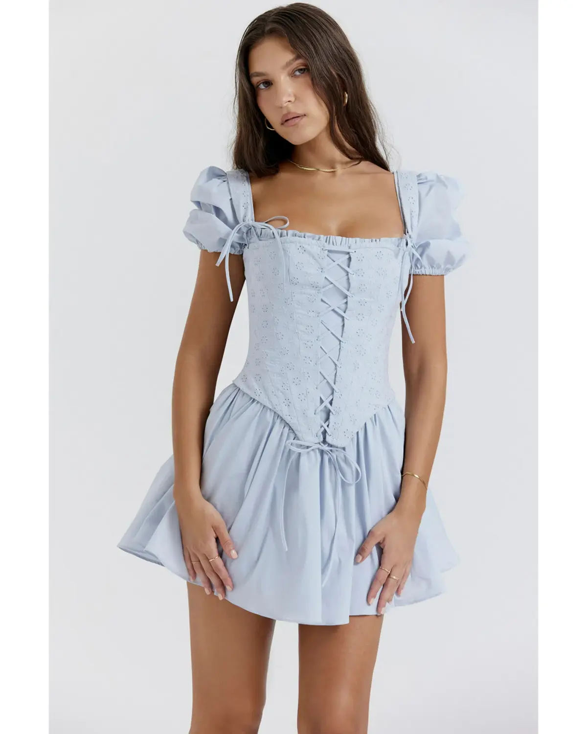 House of CB Maribel Broderie Corset Mini Dress Soft Blue Size S / AU 8 - Image 2