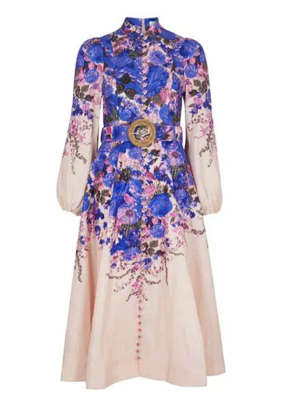 Zimmermann The High Tide Buttoned Midi Dress in Purple Ikat Floral Size 3/AU 14 for rent on The Volte - main image
