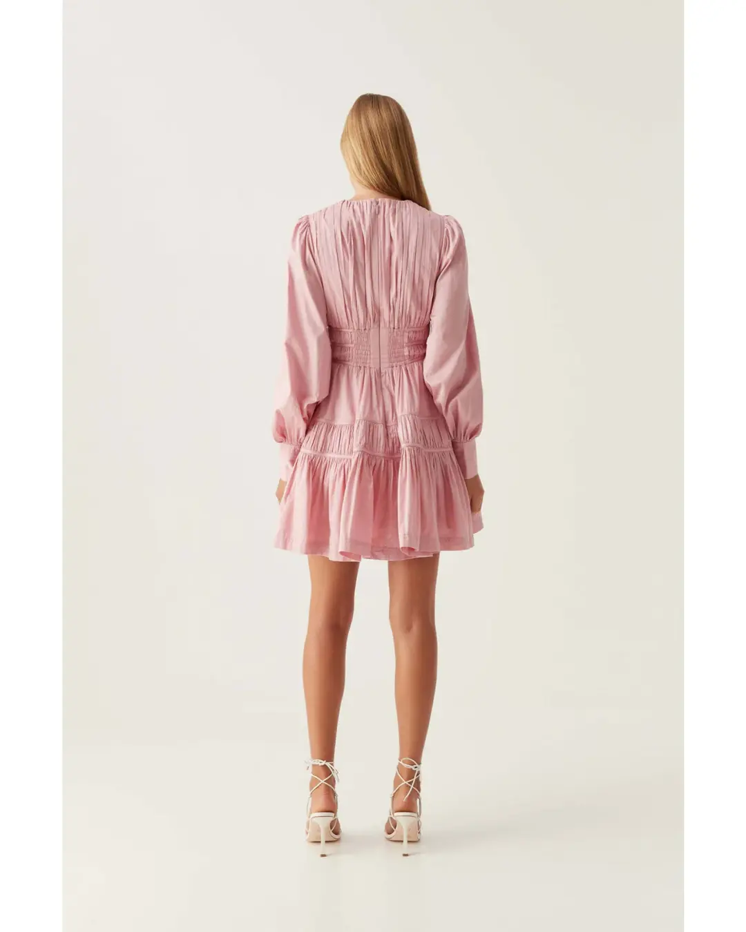 Aje Fallingwater Long Sleeve Mini Dress Chalk Pink Size AU 10 for rent on The Volte - main image