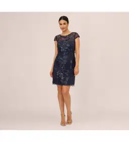 Adrianna Papell Sequin Floral Short Sleeve Mini Dress with Popover in Navy Size AU 6 for rent on The Volte - image 1