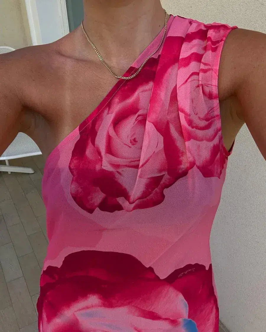 With Harper Lu One Shoulder Sheer Maxi in Pink Rose Size 8 for rent on The Volte - main image