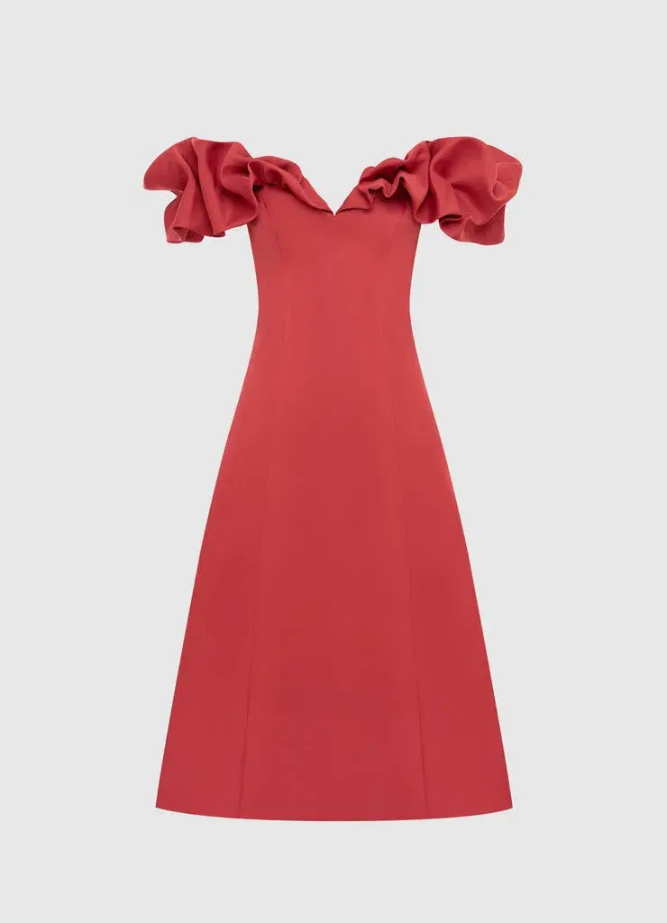 Leo Lin Annie Off Shoulder Frilled Midi Dress Mulberry Size 14 for rent on The Volte - main image