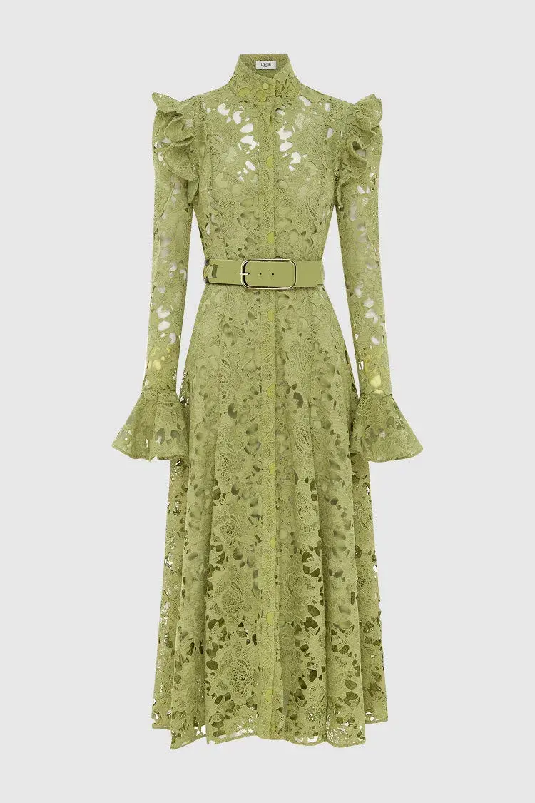 Leo Lin Aliyah Lace Butterfly Sleeve Midi Dress Olive Size 8 for rent on The Volte - main image