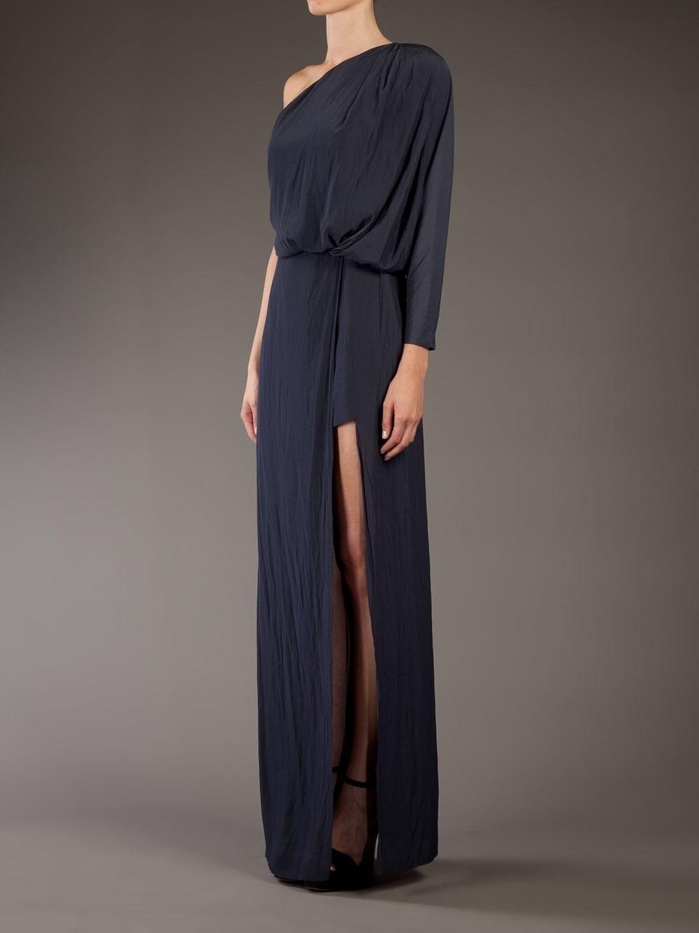 Acne Studios Emile One Shoulder Draped Maxi Silk Dress Dark Blue Size 4 for rent on The Volte - main image