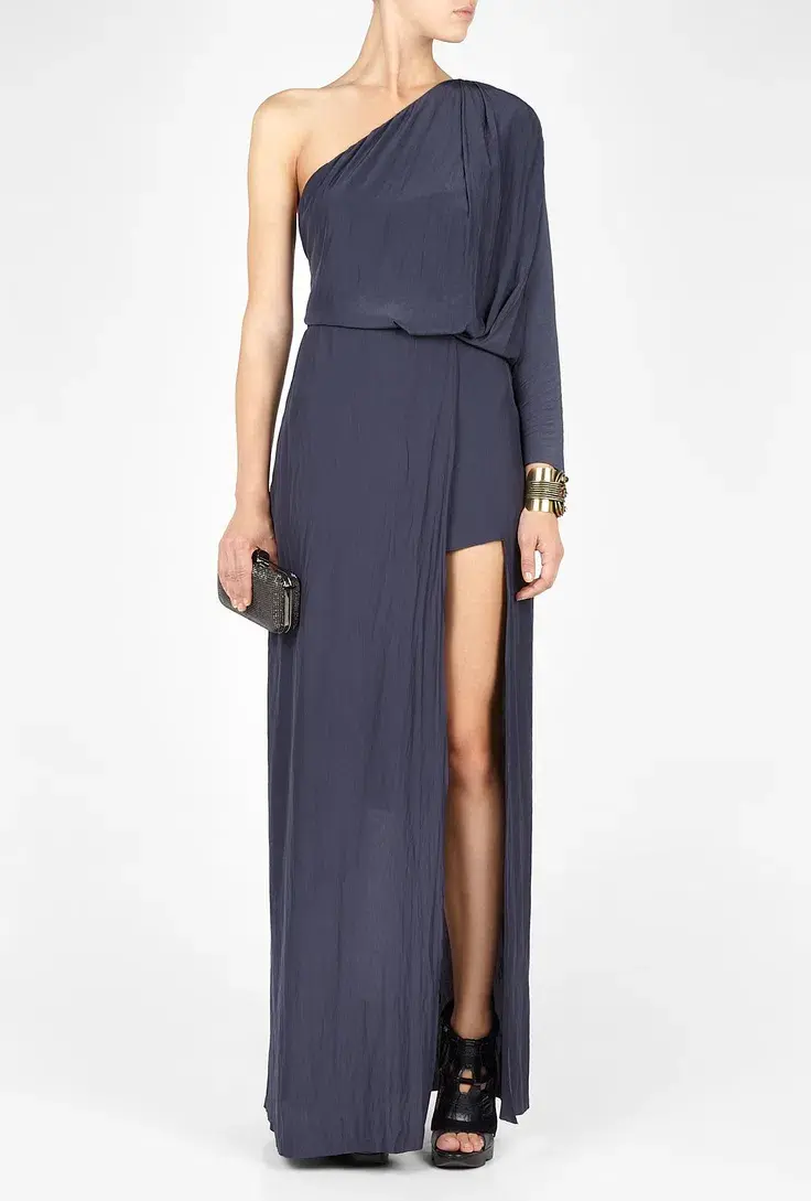 Acne Studios Emile One Shoulder Draped Maxi Silk Dress Dark Blue Size 4 for rent on The Volte - main image