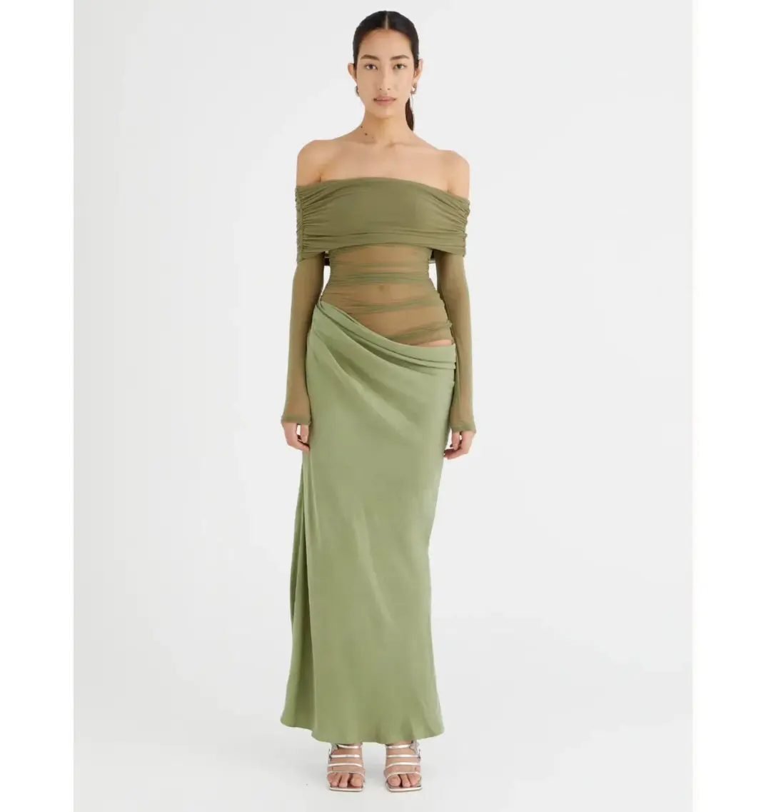 Benni Yasmin Off Shoulder Maxi Dress Pistachio Green Size AU 8 for rent on The Volte - main image