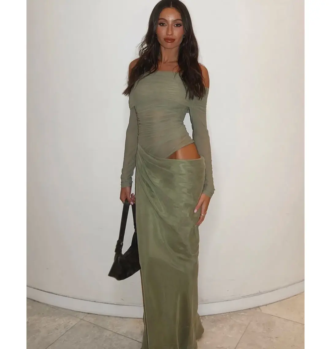 Benni Yasmin Off Shoulder Maxi Dress Pistachio Green Size AU 8 for rent on The Volte - main image