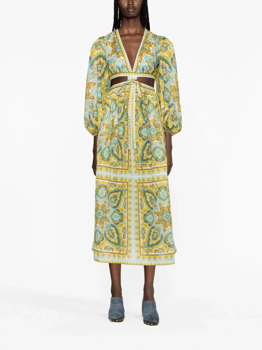 Zimmermann Halcyon Tie Front Midi Dress Blue/Yellow Paisley Size 1 / AU 10 for rent on The Volte - main image