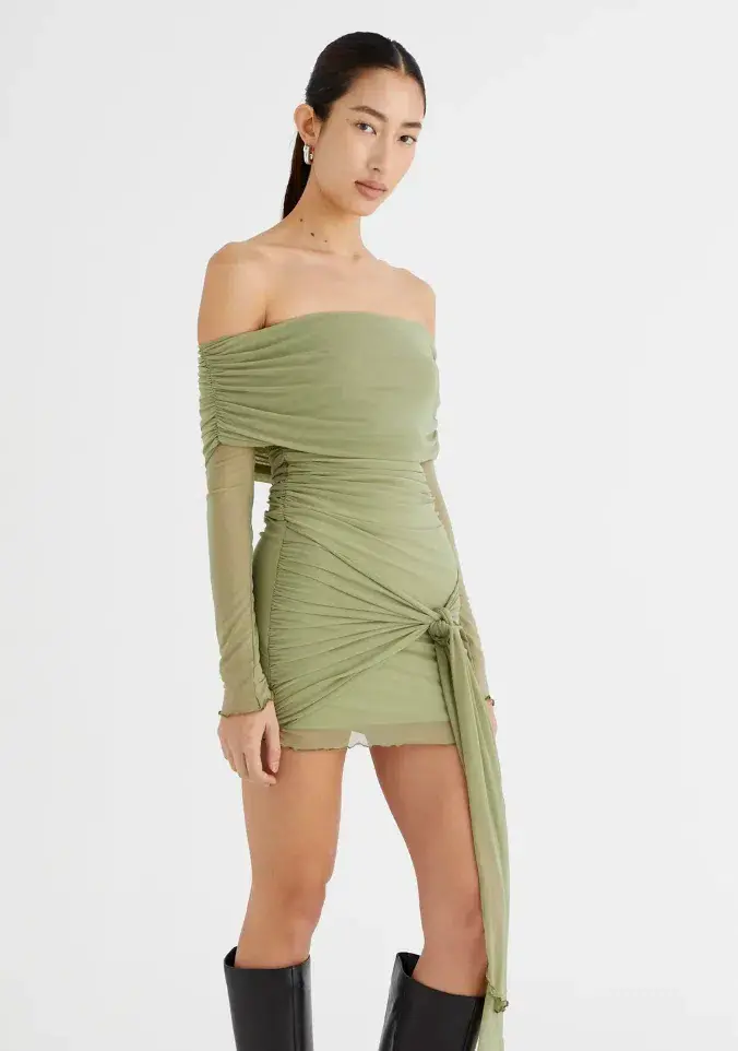 Benni Yasmin Off Shoulder Mini Dress Pistachio Green Size 8 for rent on The Volte - main image