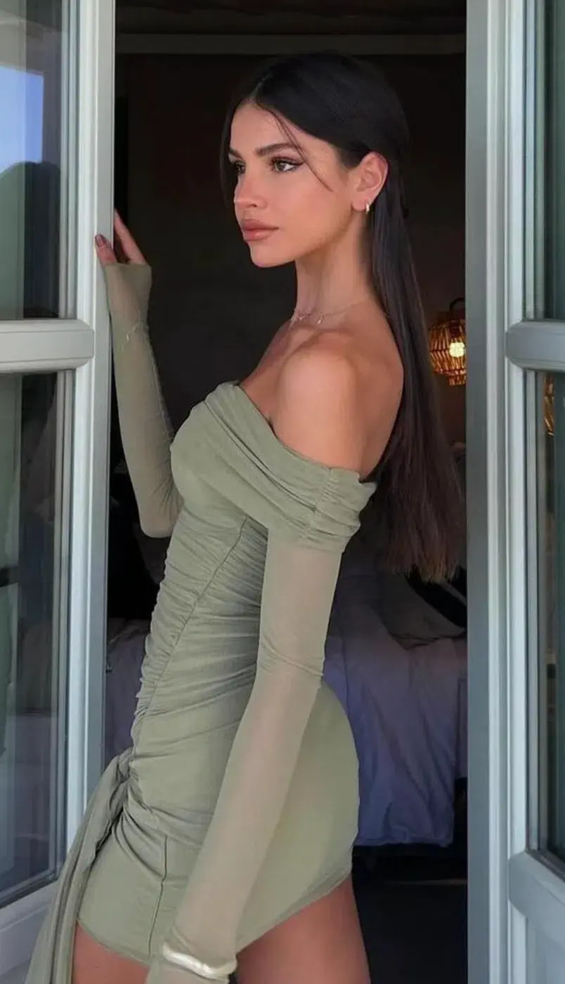 Benni Yasmin Off Shoulder Mini Dress Pistachio Green Size 8 for rent on The Volte - main image