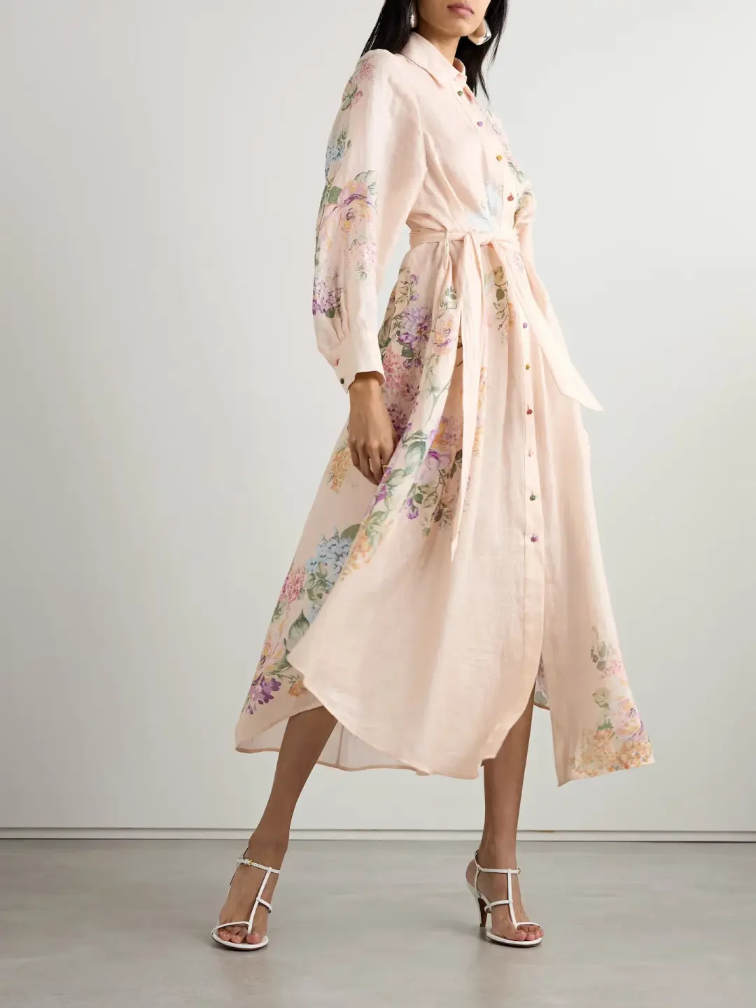 Zimmermann Halliday Long Sleeve Linen Midi Shirtdress in Cream Watercolour Floral Size 0 / AU 8 for rent on The Volte - main image