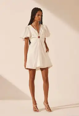 Shona joy White Linen Ruched Keyhole Mini Dress Size 6 for rent on The Volte - image 1