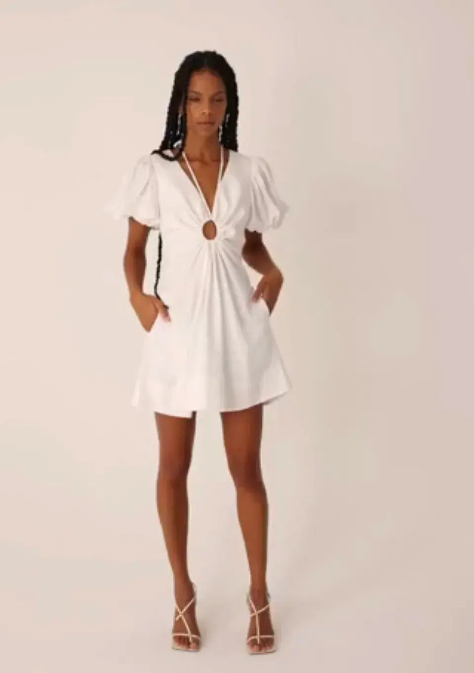 Shona joy White Linen Ruched Keyhole Mini Dress Size 6 for rent on The Volte - main image
