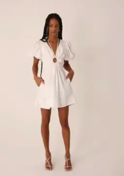 Shona joy White Linen Ruched Keyhole Mini Dress Size 6 for rent on The Volte - image 3