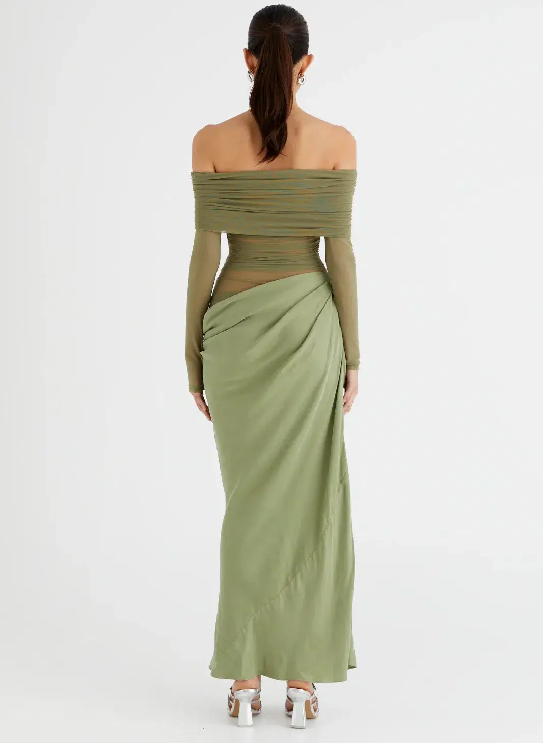Benni Yasmin Off Shoulder Maxi Dress Pistachio Green Size 6 for rent on The Volte - main image