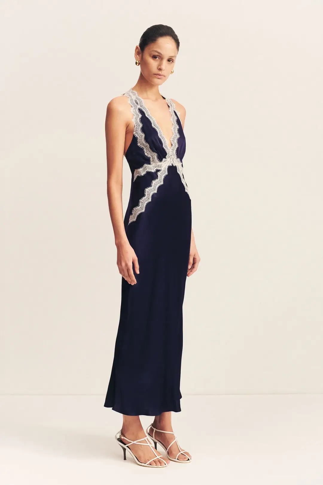 Shona Joy Camille Lace Cross Back Midi Dress in Deep Midnight/Ivory Size 6 for rent on The Volte - main image