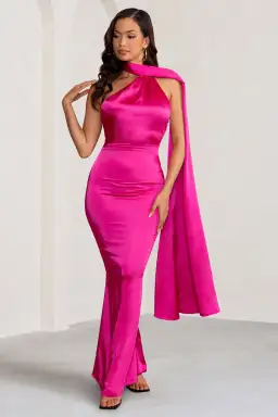 Club L London Asymmetric Scarf Neck Backless Maxi Dress Hot Pink Size 8 for rent on The Volte - image 2