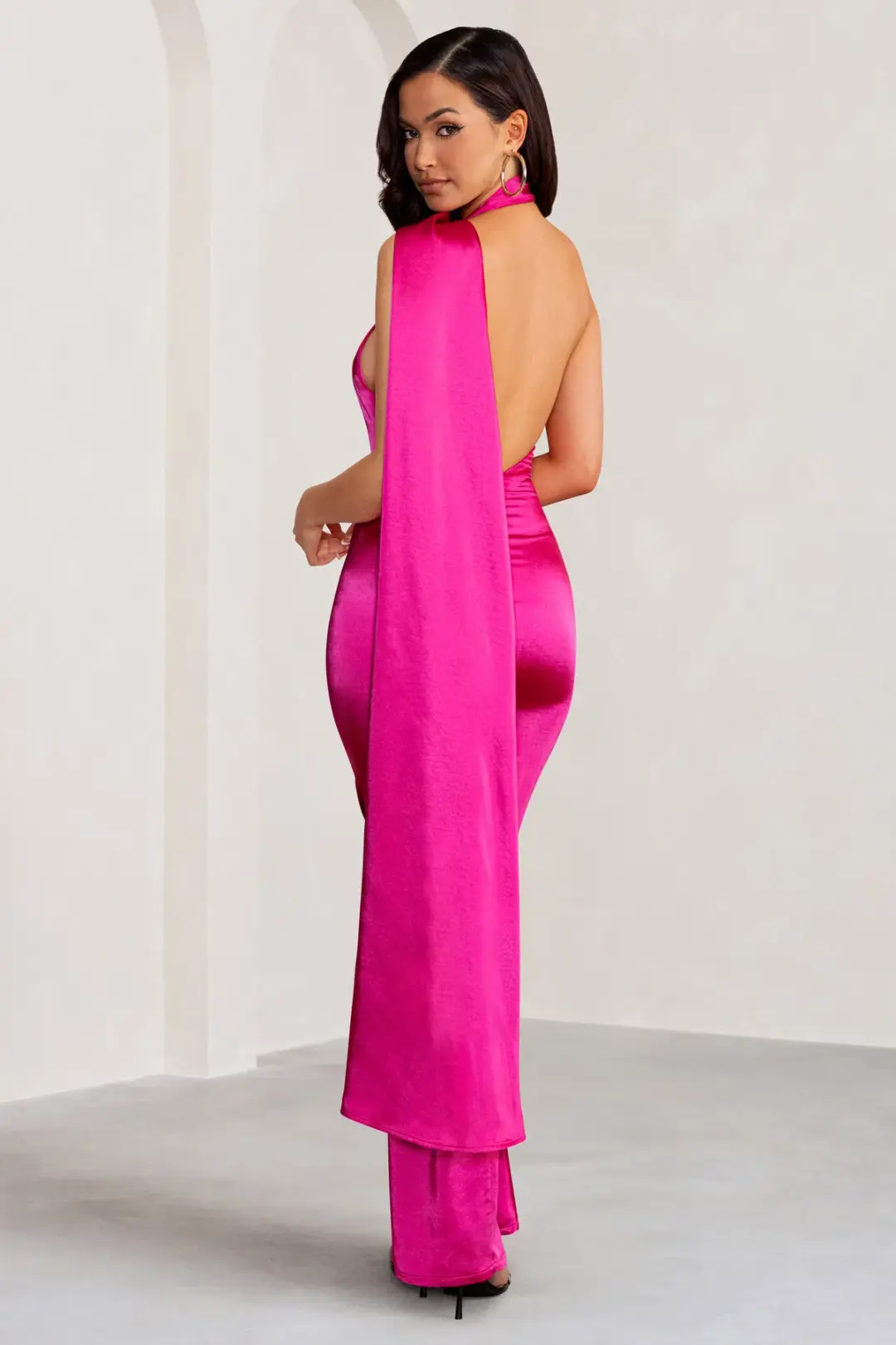 Club L London Asymmetric Scarf Neck Backless Maxi Dress Hot Pink Size 8 for rent on The Volte - main image
