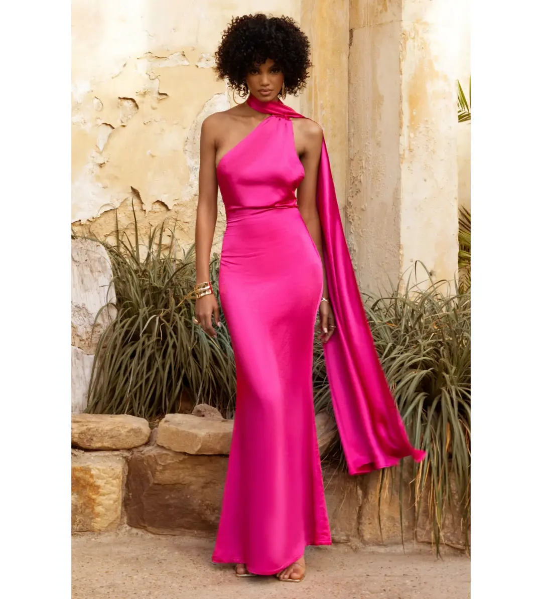 Club L London Asymmetric Scarf Neck Backless Maxi Dress Hot Pink Size 8 for rent on The Volte - main image