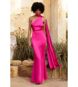 Club L London Asymmetric Scarf Neck Backless Maxi Dress Hot Pink Size 8 for rent on The Volte - image 1
