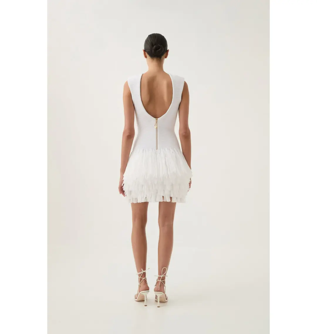 Aje Rushes Fringe Knit Mini Dress White Size AU 14 for rent on The Volte - main image