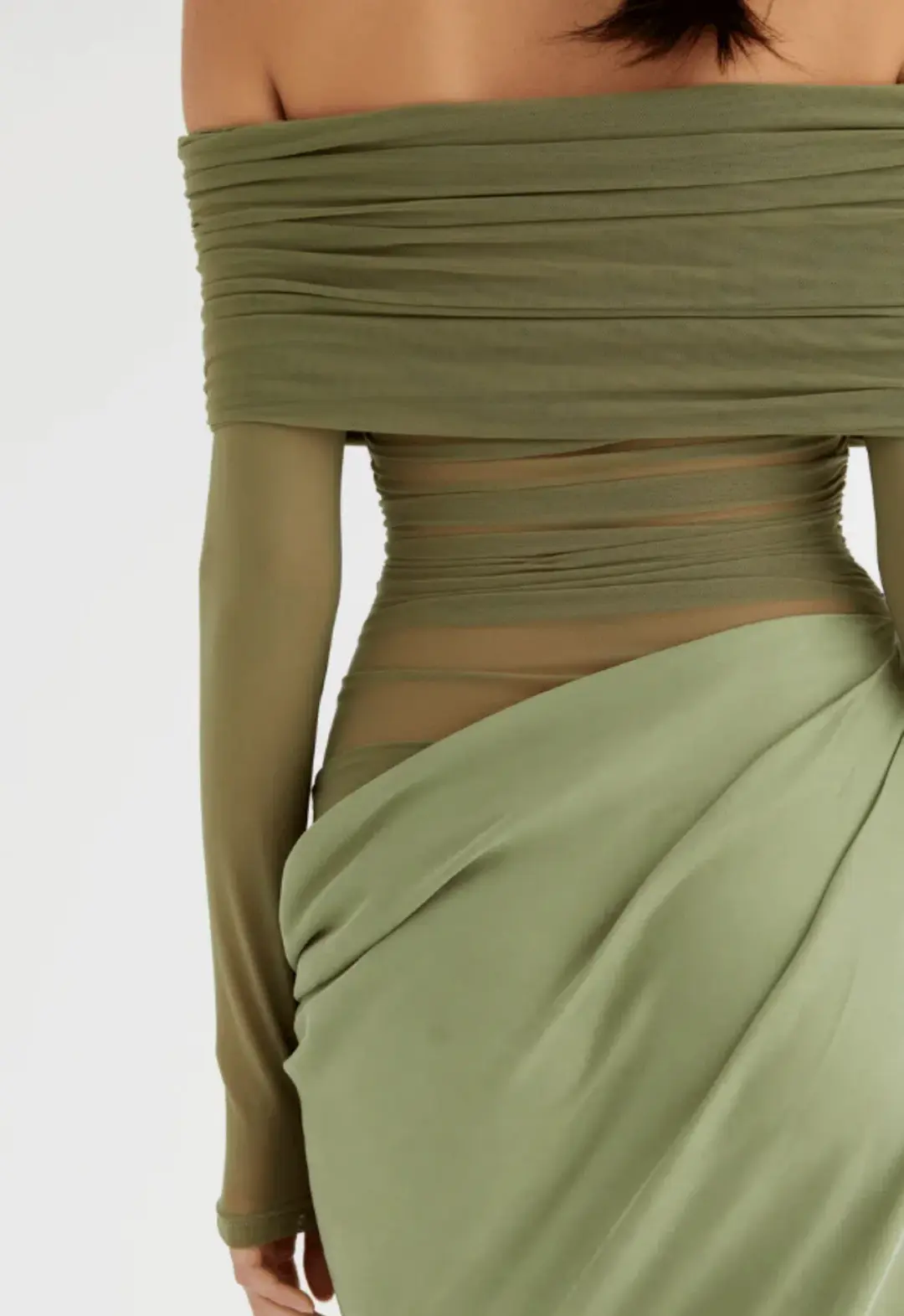 Benni Yasmin Off Shoulder Maxi Dress Pistachio Green Size 8 for rent on The Volte - main image