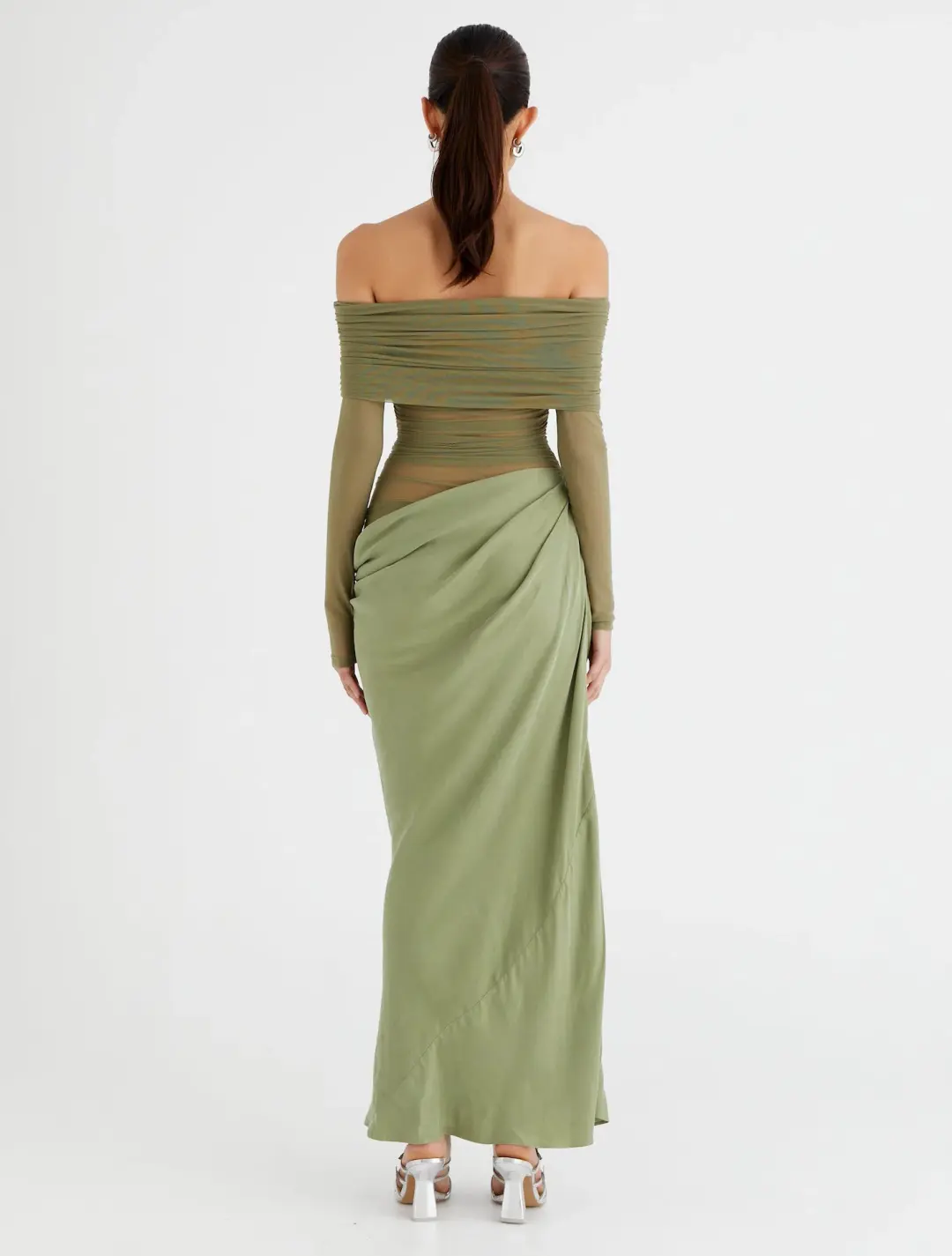 Benni Yasmin Off Shoulder Maxi Dress Pistachio Green Size 8 for rent on The Volte - main image