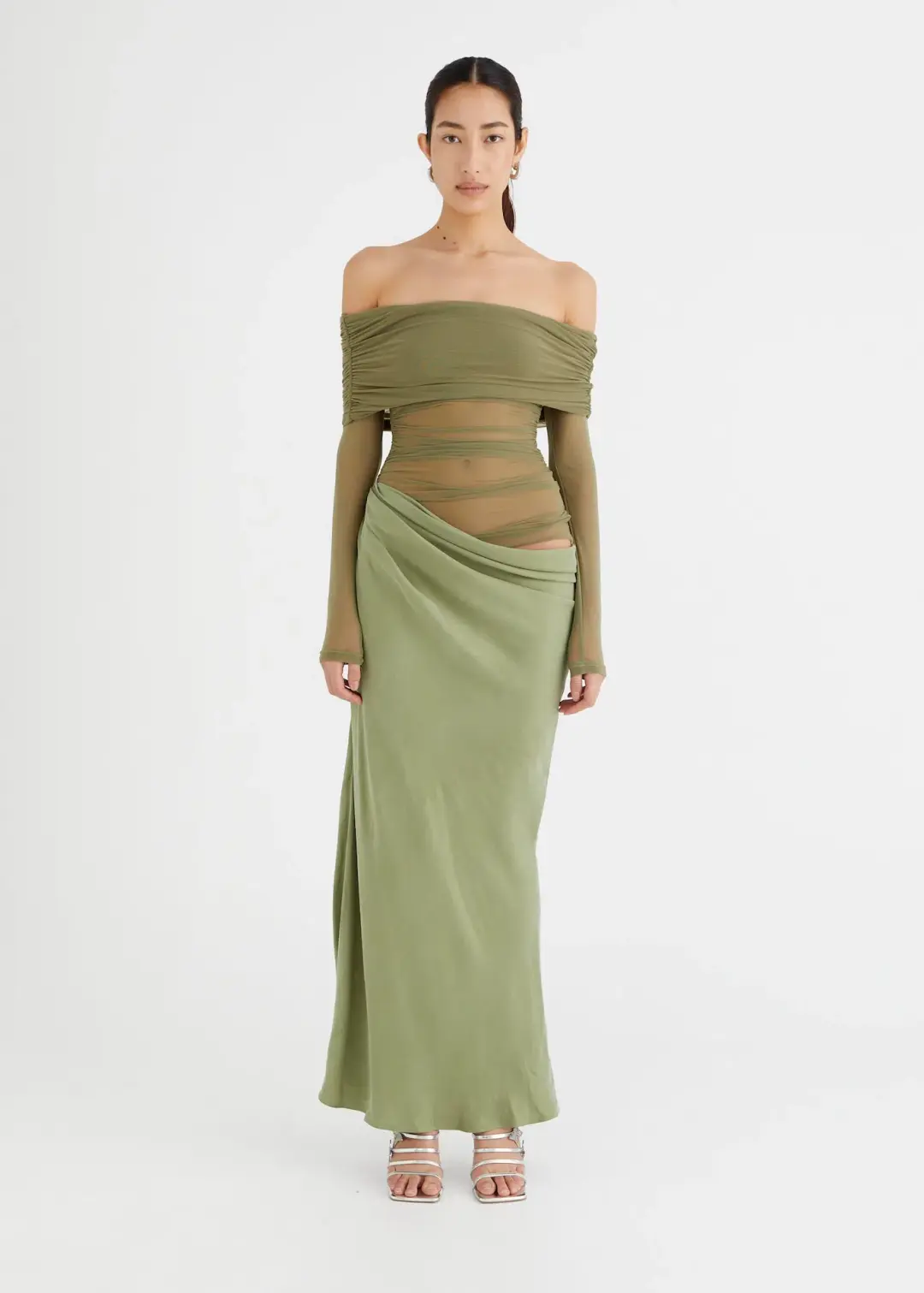 Benni Yasmin Off Shoulder Maxi Dress Pistachio Green Size 8 for rent on The Volte - main image