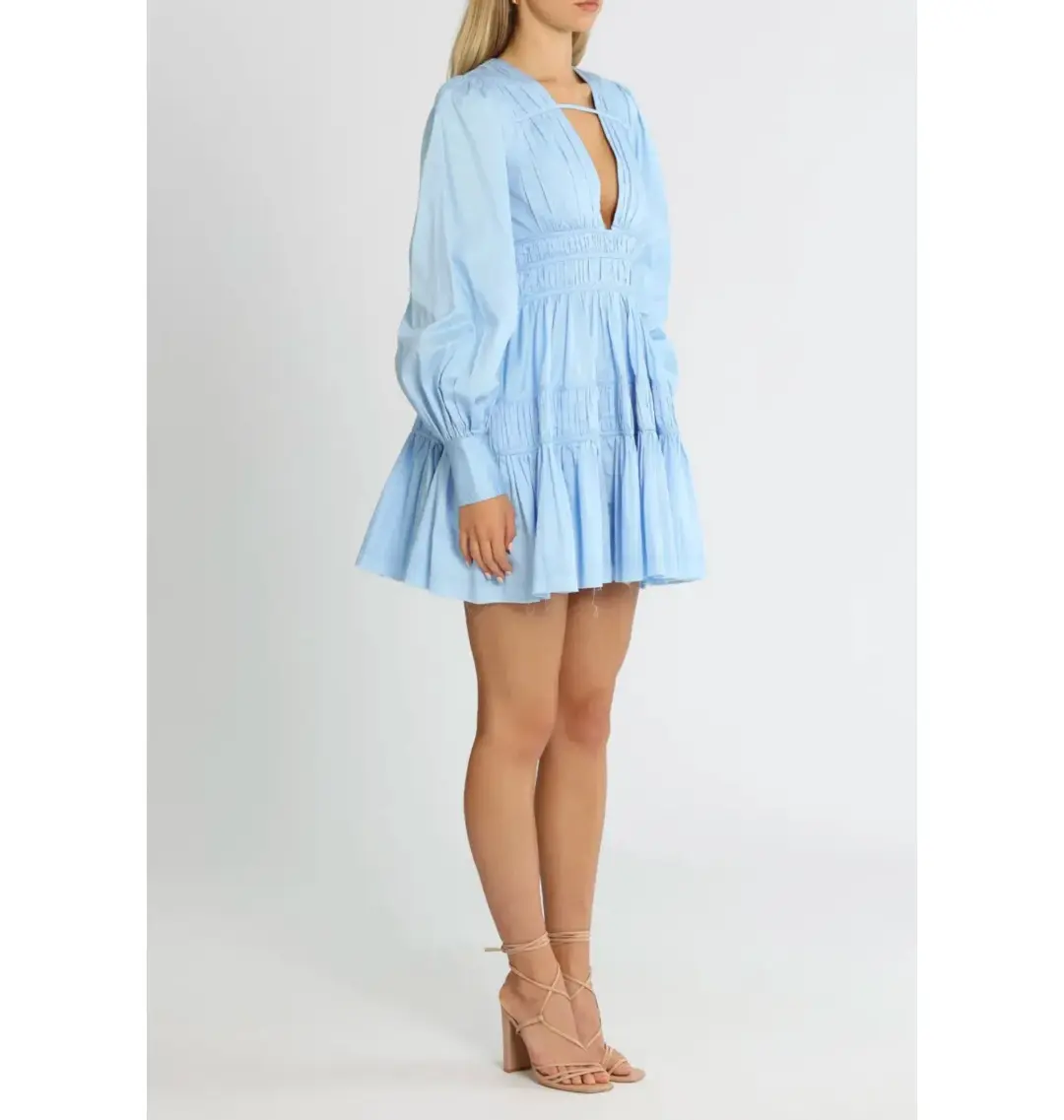 Aje Fallingwater Gathered Mini Dress in Powder Blue Size AU 8 for rent on The Volte - main image