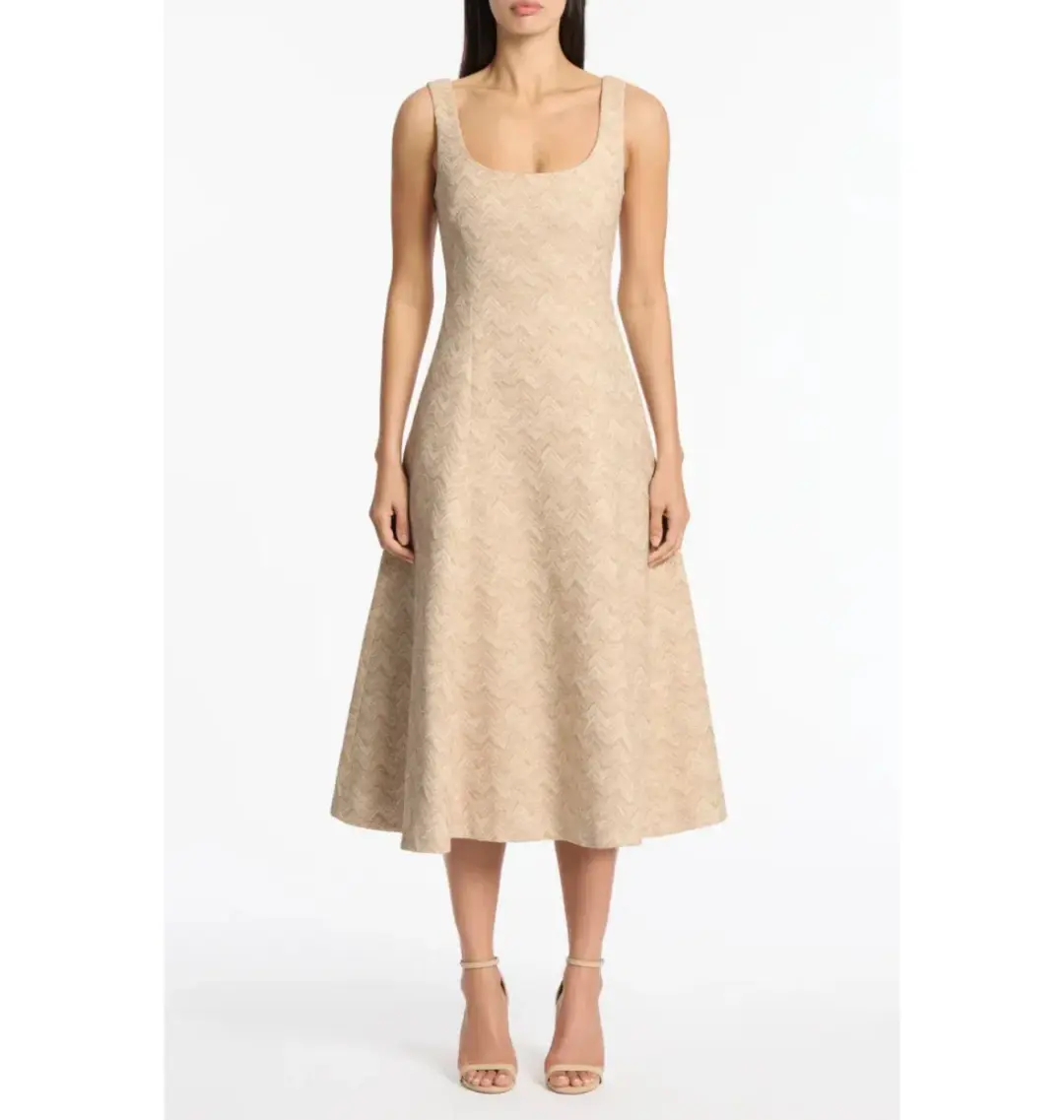 Carla Zampatti Summer Herringbone Fluted Midi Dress Beige Size AU 10 for rent on The Volte - main image