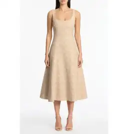 Carla Zampatti Summer Herringbone Fluted Midi Dress Beige Size AU 10 for rent on The Volte - image 1