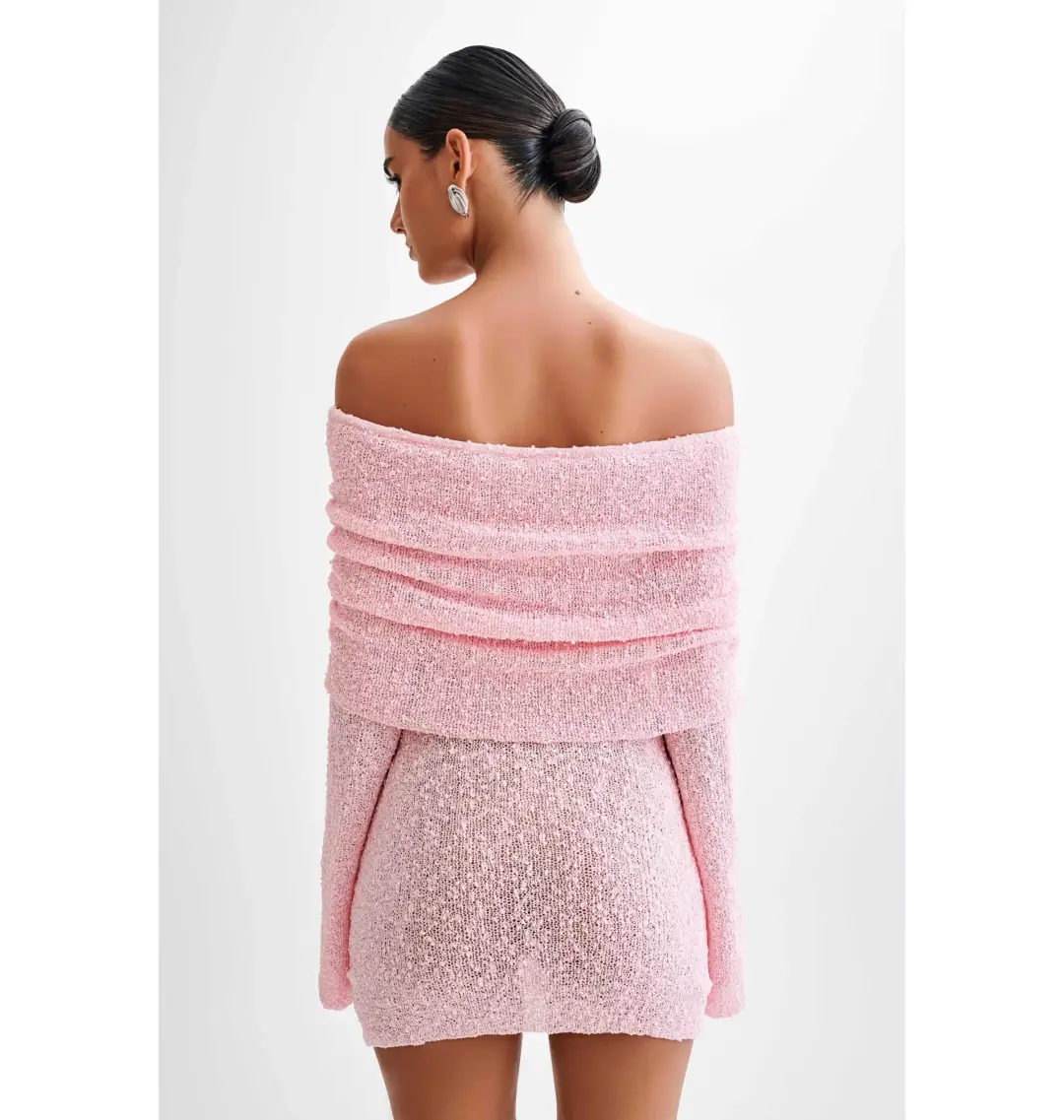 Meshki Marisol Off Shoulder Boucle Mini Dress in Baby Pink Size S / AU 8 for rent on The Volte - main image
