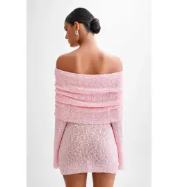 Meshki Marisol Off Shoulder Boucle Mini Dress in Baby Pink Size S / AU 8 for rent on The Volte - image 3