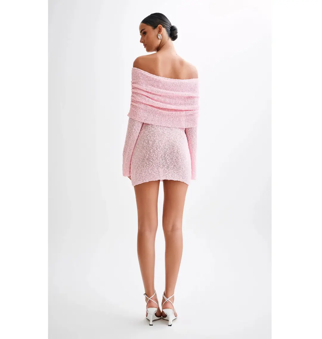 Meshki Marisol Off Shoulder Boucle Mini Dress in Baby Pink Size S / AU 8 for rent on The Volte - main image