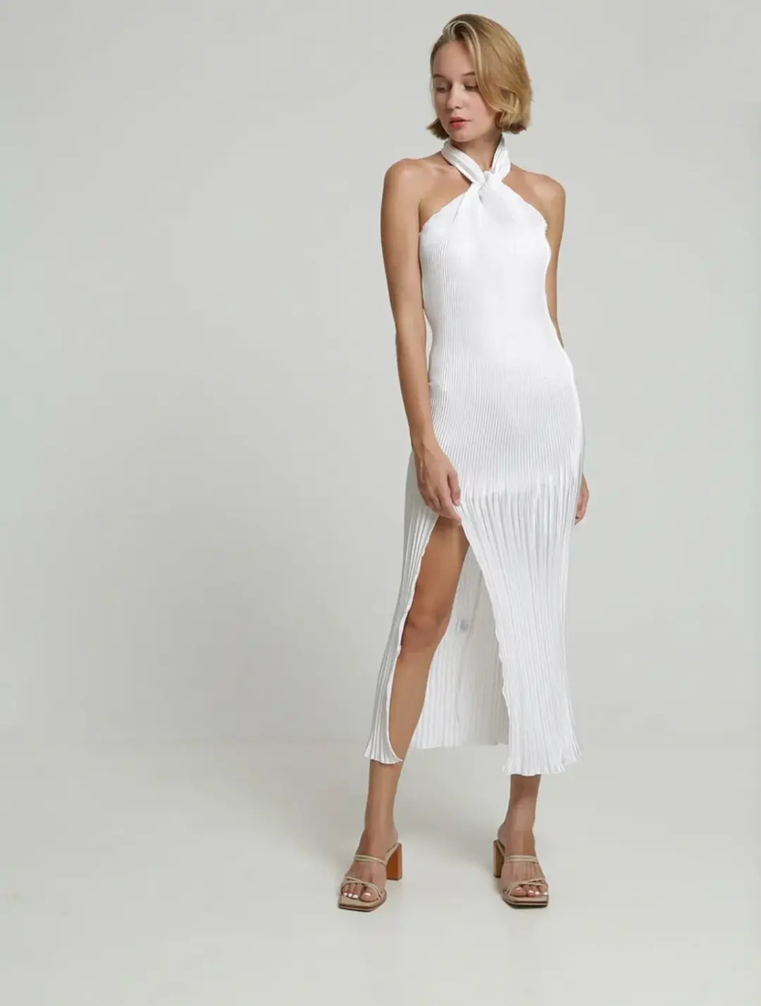 L'Idee Soirée Pleated Halter Gown White Size 6 for rent on The Volte - main image