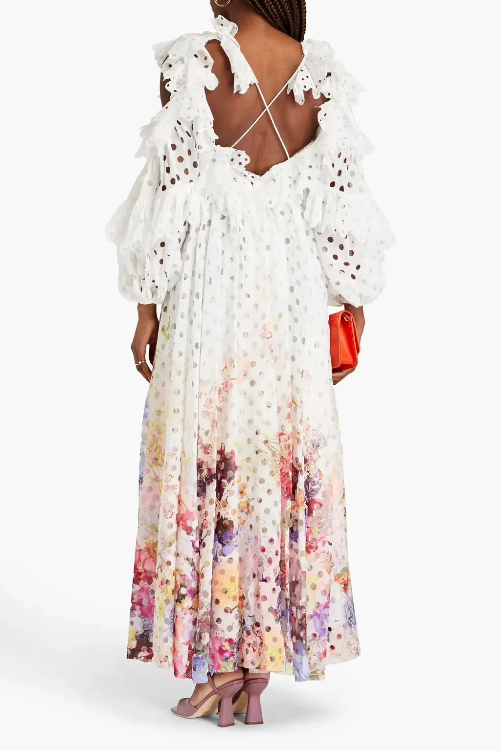 Zimmermann Prima Ruffled Laser Cut Gauze Gown Multi Floral Print Size 0 / AU 8 for rent on The Volte - main image