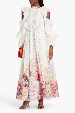 Zimmermann Prima Ruffled Laser Cut Gauze Gown Multi Floral Print Size 0 / AU 8 for rent on The Volte - image 1