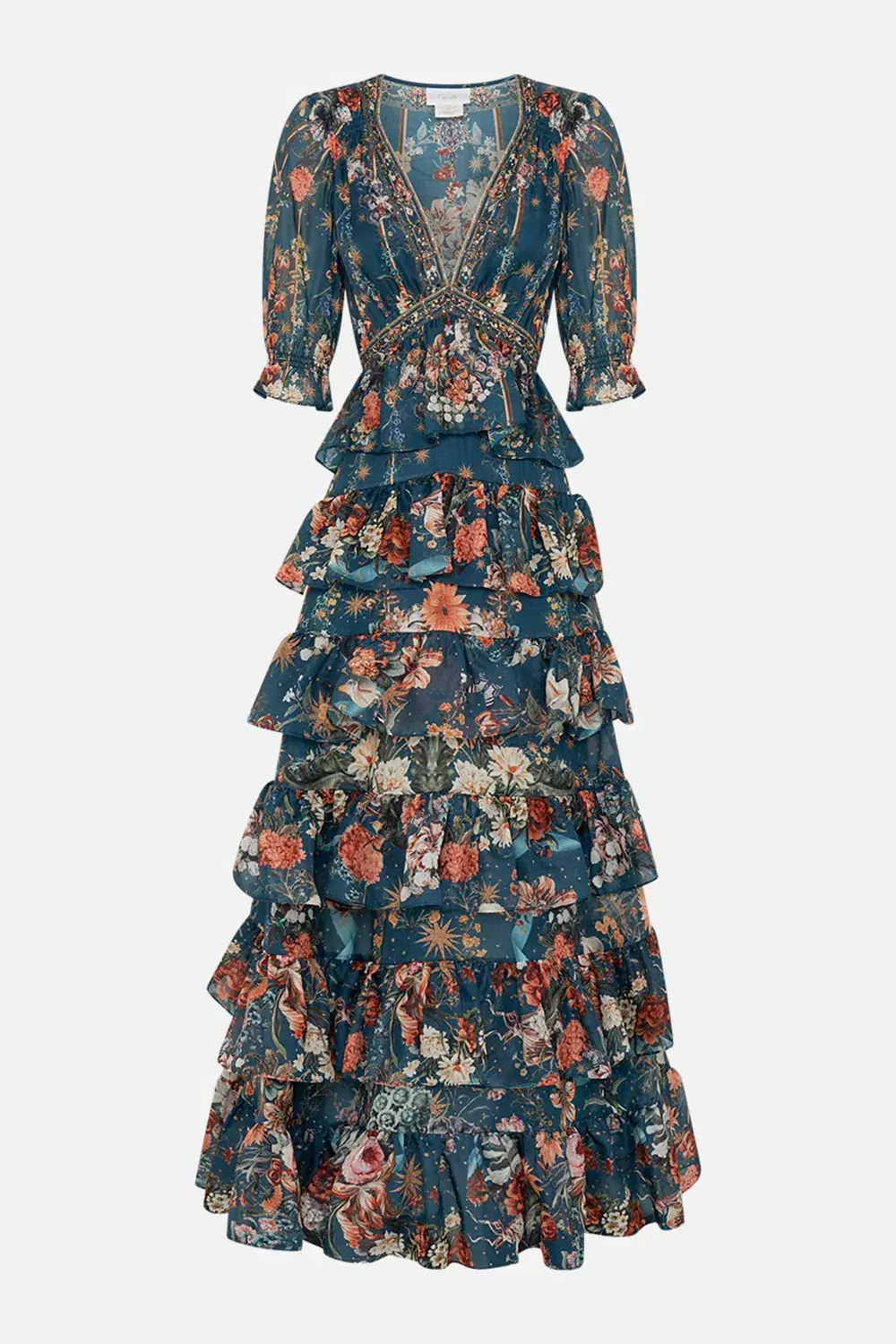 Camilla She Who Wears the Crown Puff Sleeve Tiered Long Dress Floral Size S (AU 10) for rent on The Volte - main image