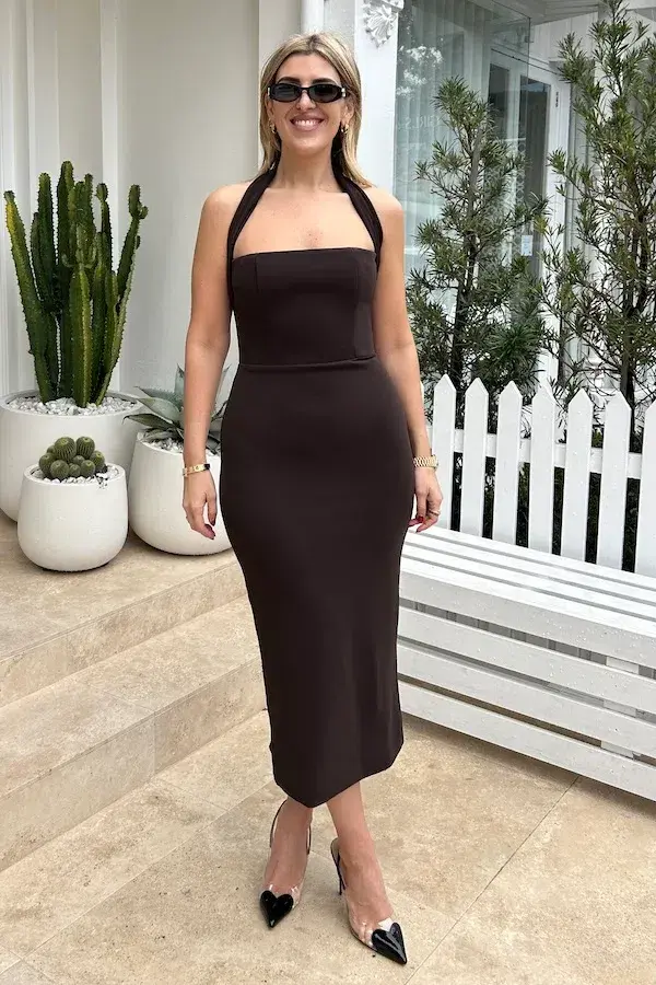 Effie Kats Meline Midi Dress Coffee Brown Size M / AU 10 for rent on The Volte - main image