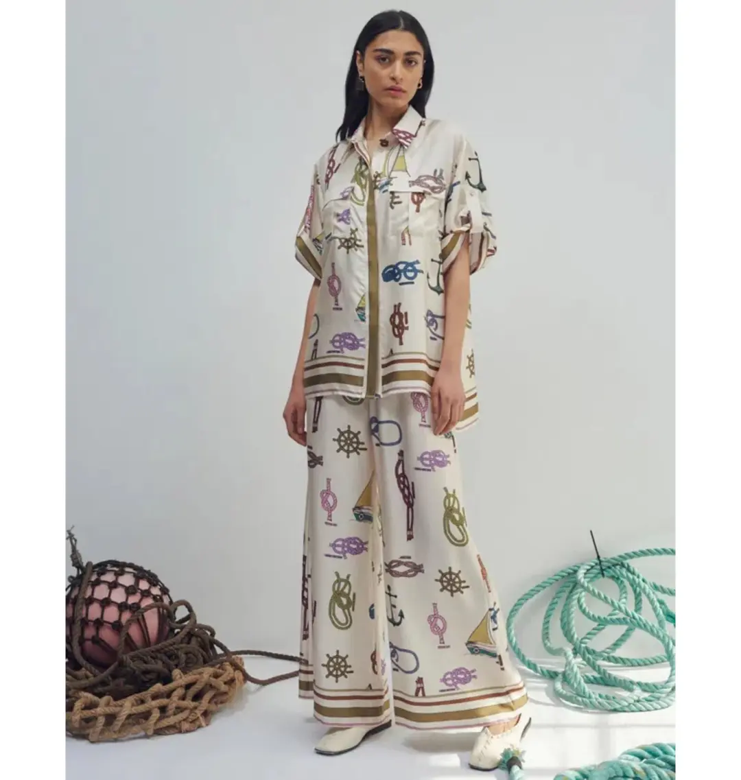 Alemais Ships Ahoy Silk Shirt Size AU 12 and Pants Size AU 14 Set Print for rent on The Volte - main image