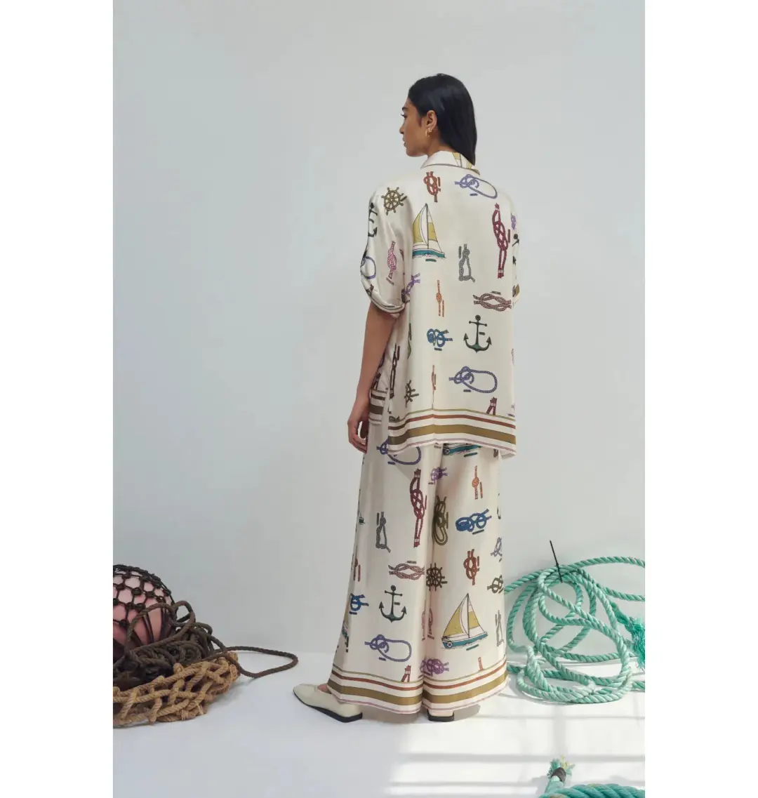 Alemais Ships Ahoy Silk Shirt Size AU 12 and Pants Size AU 14 Set Print for rent on The Volte - main image